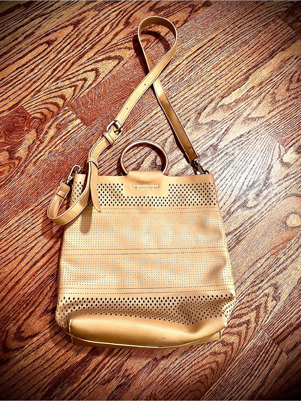 Anthropologie Perforated Crossbody Tote in Tan